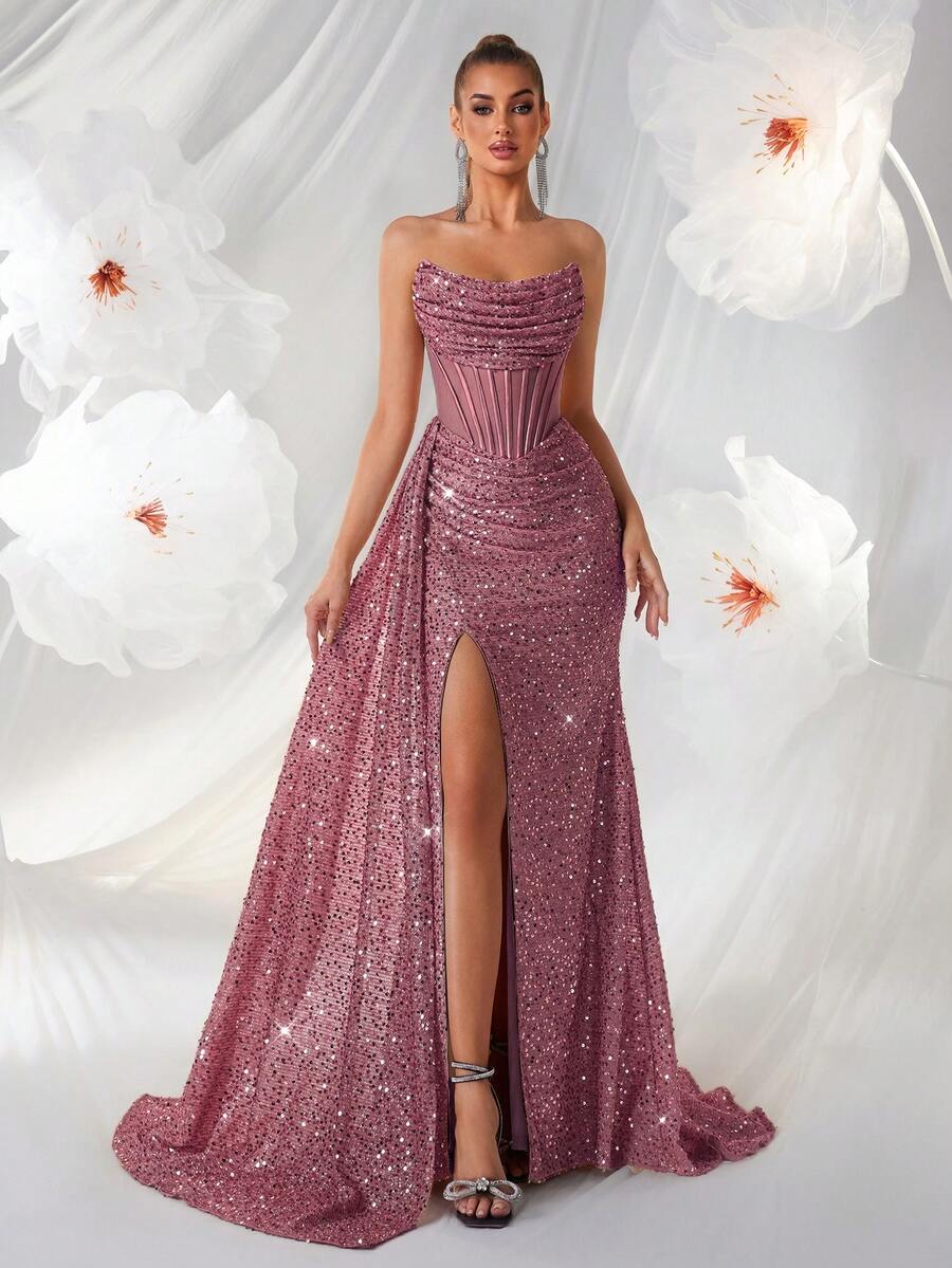 Elisanya Váy dạ hội xương cá khoét vai sequin nhún eo cao có ruy băng xẻ đùi hở lưng buộc sau lưng, váy dài dự tiệc cocktail, phù hợp cho khách dự tiệc cưới, trang trọng, tốt nghiệp và đêm hẹn hò - Bụi hồng - Xem 1