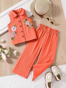 2 Stücke Kleinkind Mädchen Set - ärmelloses rosa gestreiftes Shirt mit Blickstickerei, kombiniert mit passender hochtailliger, weiter Hose. Dieses Set verlängert optisch die Proportionen für einen bequemen, aber eleganten Look. Geeignet für den täglichen Weg, Urlaub, Einkaufen und gesellige Anlässe, mit einem sanften und raffinierten Charme. - Orange - Übersicht 1