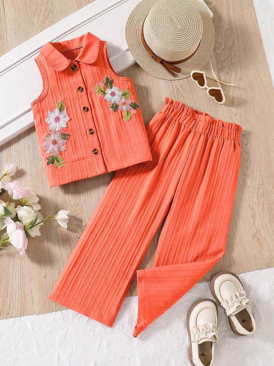 2 Stücke Kleinkind Mädchen Set - ärmelloses rosa gestreiftes Shirt mit Blickstickerei, kombiniert mit passender hochtailliger, weiter Hose. Dieses Set verlängert optisch die Proportionen für einen bequemen, aber eleganten Look. Geeignet für den täglichen Weg, Urlaub, Einkaufen und gesellige Anlässe, mit einem sanften und raffinierten Charme. - Orange - Übersicht 1
