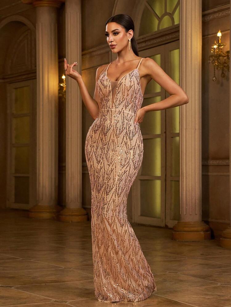 Missord Vestido de fiesta con cremallera en la espalda, malla de contraste y lentejuelas, vestido de noche formal para invitados de boda, graduación, cena, fiesta de primavera - Champán - Añade 4
