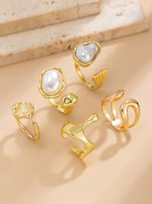 6pcs/Set Vintage Floral & Gemstone Decorated Rings, Women Elegant Baroque Pearl Rings, Punk Hip-Hop Gold Knuckle Rings, Suitable For Daily Wear, Party & Banquet, Festivals, Versatile Fashion Jewelry