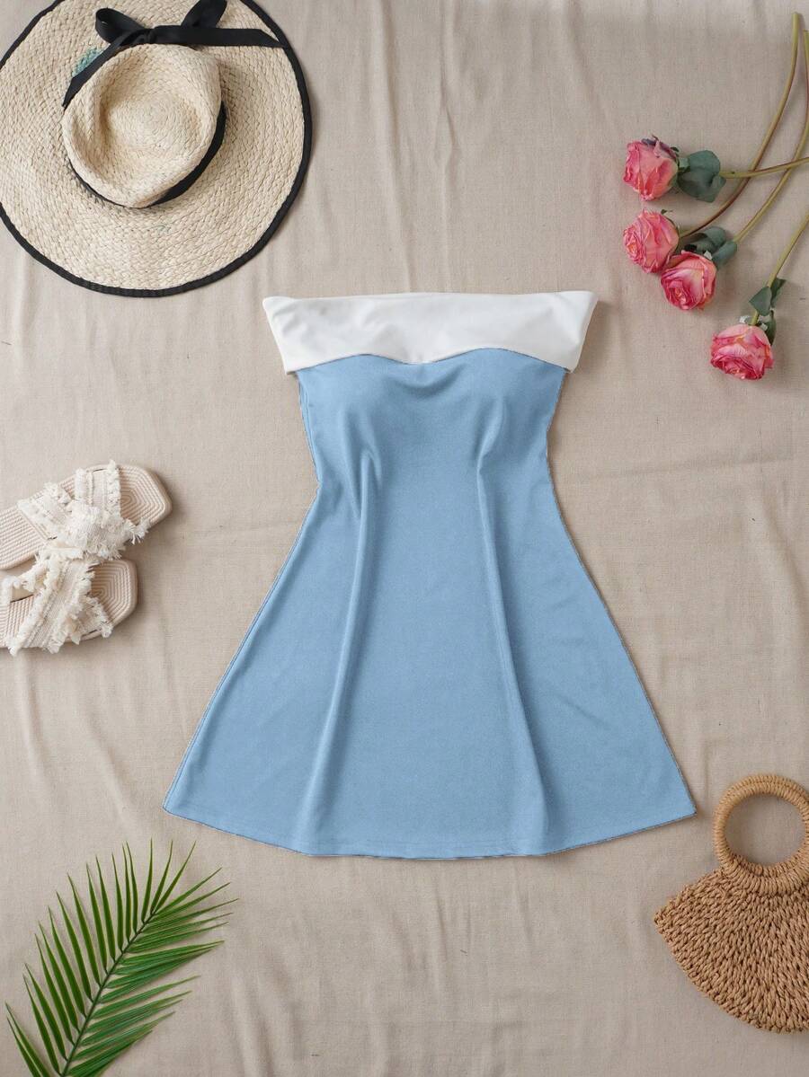 Đầm ngắn không tay phối màu thanh lịch dành cho nữ, trang phục đi nghỉ mát mùa xuân/hè. - Màu xanh lam - Xem 1