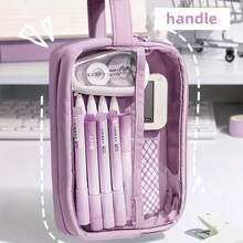 大容量 Hello! 铅笔盒 - 涤纶材质，多隔层收纳盒，带文具和化妆品隔层，便携设计 - 适合学校、办公室、青少年、男士、女士、返校季、学校用品、铅笔袋、书包