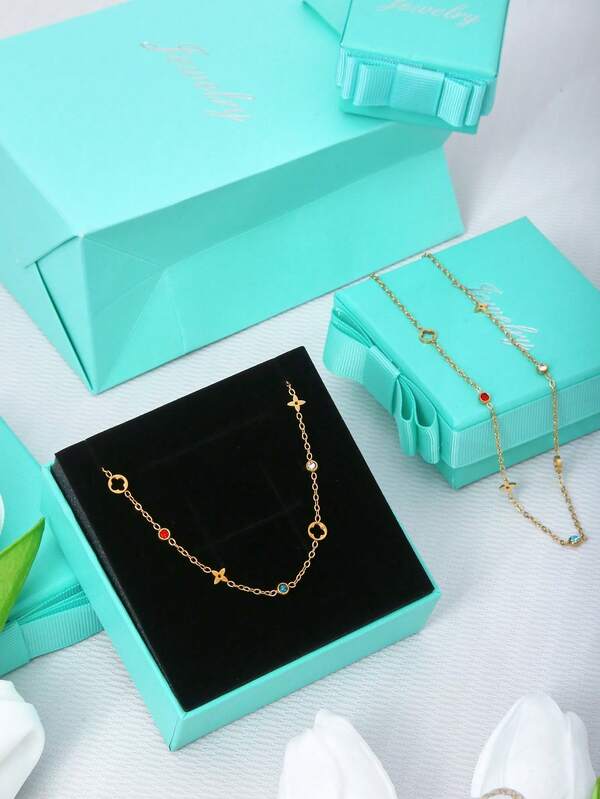 1pc Elegant Luxury Minimalist Hollow Four-Leaf Flower Inlaid Colorful Crystal Stainless Steel 18K Gold Plated Necklace And Bracelet Jewelry Set, Suitable For Daily, Work, Banquet, Party Wear, Gift For Friends, Lovers, Classmates