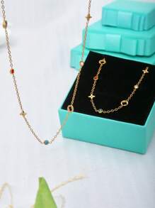 1pc Elegant Luxury Minimalist Hollow Four-Leaf Flower Inlaid Colorful Crystal Stainless Steel 18K Gold Plated Necklace And Bracelet Jewelry Set, Suitable For Daily, Work, Banquet, Party Wear, Gift For Friends, Lovers, Classmates