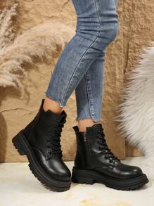 Botas de Moda Feminina de Estilo Preppy, Botas Ankle com Forro Térmico e Zíper Lateral, Botas Femininas de Cano Médio, Sola Grossa Anti-Derrapante, Botas Casuais de Inverno