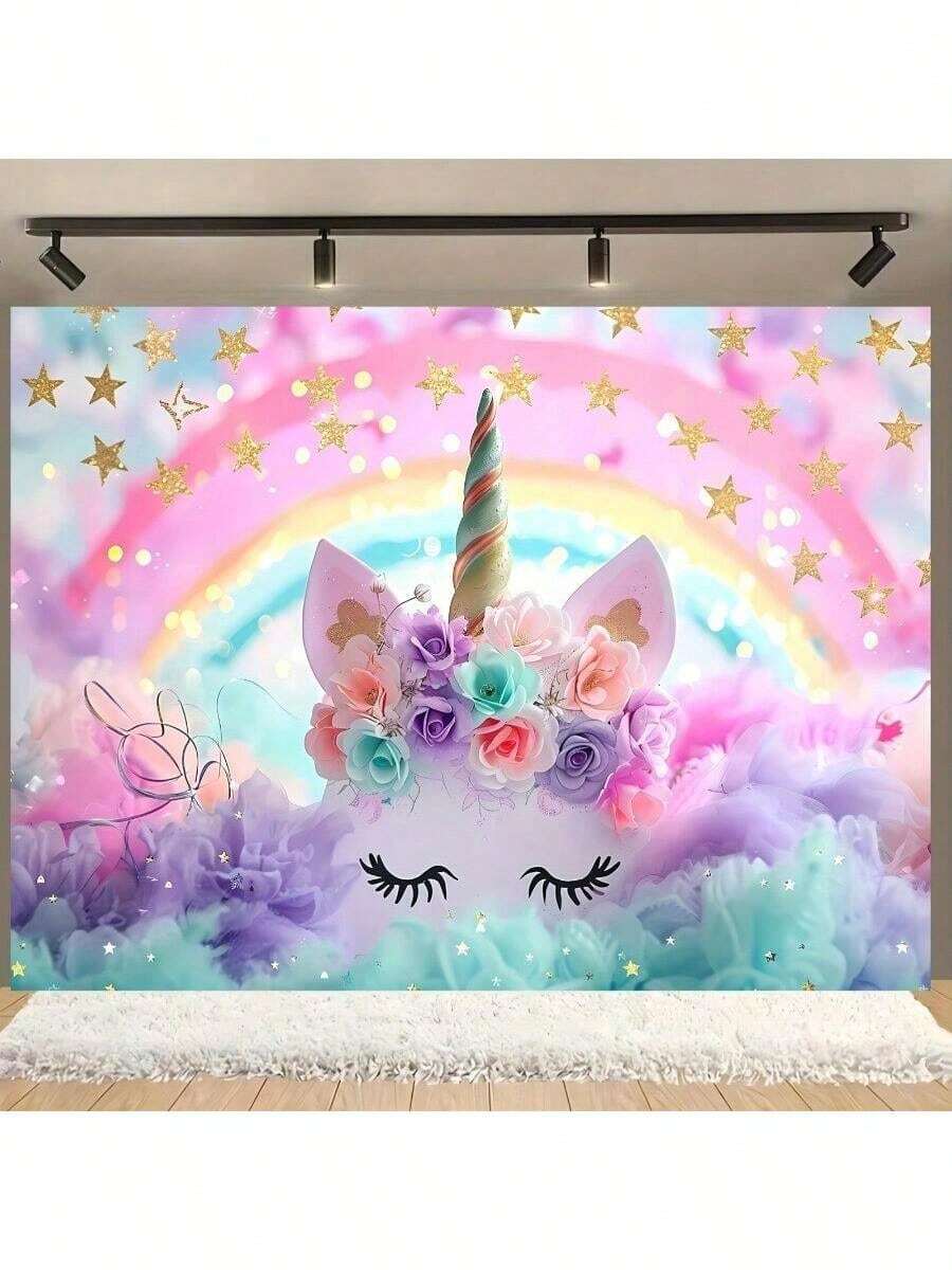 1pc Magical Unicorn Themed Photography Backdrop: For Parties, Photos And Decor, No Electricity Needed - Multicolor - View 1