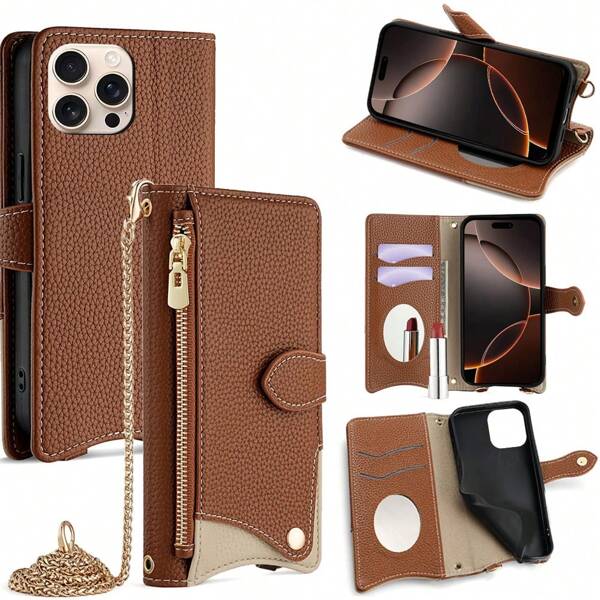 keyunfei Capa Protetora para Smartphone Marrom, Bolsa Transversal na Moda com Corrente Metálica, Compartimento para Cartão, Suporte, Espelho de Maquiagem, Carteira, à Prova de Choques, Zíper para 16/16E/15/14/13/12/11/Pro/Max/Plus, Galaxy S25/S22/S21/20/S24/S23 Plus/Ultra/FE/EDGE, A12/A13/A14/A15/A16/A41/A50/A51/A20S/A21S/A22/A23/A35/A33/A52/A53/A54/A71/A72, MOTO E20, Pixel 9/7A/6A, POCO X3/X6/M6/M7/11T/11A, Mate 20 Pro/P30/P20/P40 Lite, X9B/X8C/X9C