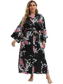 Women's Floral Long Satin Robes Plus Size Long Silk Robes Peacock Floral Kimonos Sleepwear Dressing Gown - 孔雀 | 黑色 - 查看 3
