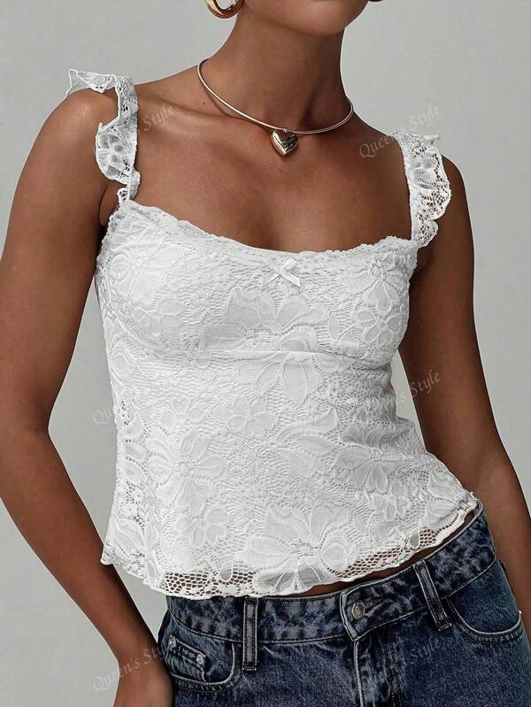 Sexy Lady Lace Design Frill Strap Bow Detail Lace Patchwork Sleeveless Tank Top, Spring/Summer New Arrival