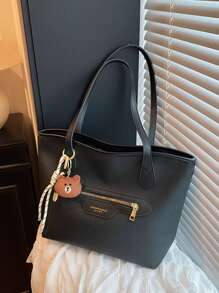 1 pezzo Borsa a tracolla tote di grande capacità, minimalista, borsa da scuola/viaggio casual con cerniera e decorazione a pendente a cartone animato