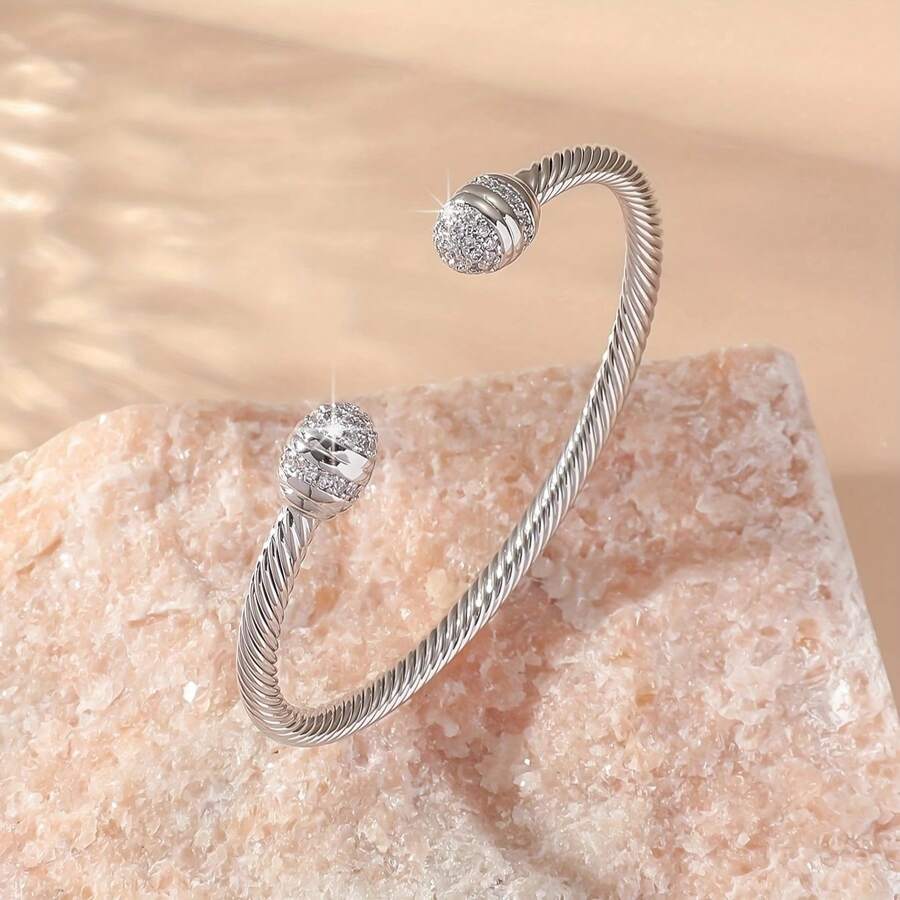1pc Middle Eastern Style Adjustable Threaded Bangle Bracelet With Zirconia Stones, Suitable For Birthday, New Year Gift