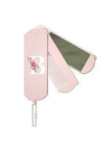 1 件二合一折叠梳子和化妆镜 - 便携式、个性化粉色花朵白色字母 A-Z 印花粉色镜子、手持镜子带挂链、桌面、现代旅行美容工具、带化妆镜的折叠梳、易于携带、非常适合旅行外出使用、两用镜梳、头皮按摩发梳、返校、旅行度假必需品、女士发饰