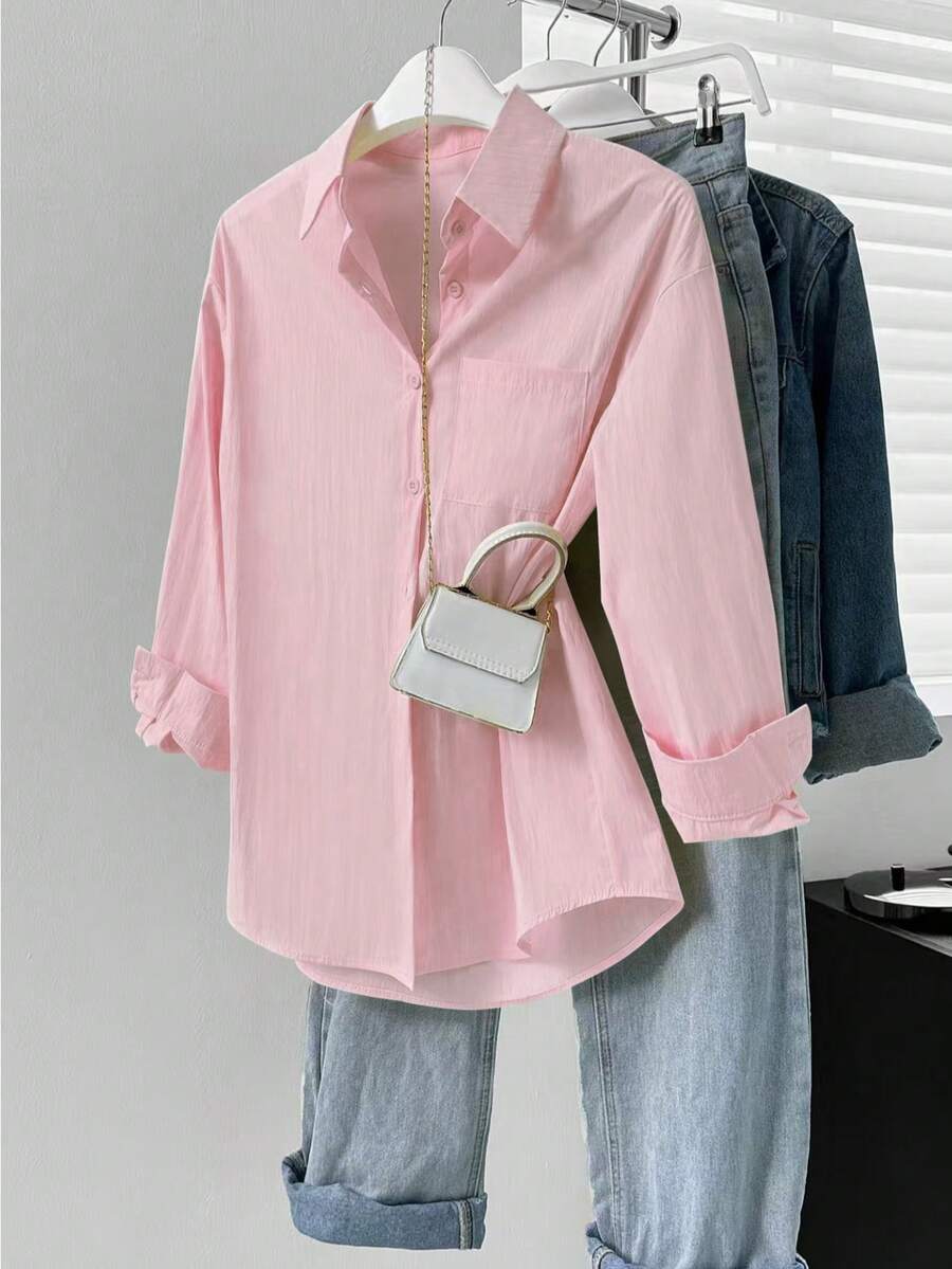 Kemeja Polos dengan Kancing dan Saku Depan - Kemeja Polos Elegan, Kemeja Lengan Panjang Berkerah Modis, Kemeja Kasual untuk Musim Semi dan Gugur, Pakaian Musim Semi untuk Wanita Warna Pink - Berwarna merah muda - View 1