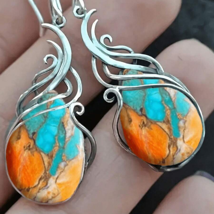 1 Pair Stylish Vintage Boho Faux Turquoise Dangle Earrings - Durable Iron Earrings, Resin Mosaic, White K Plating, Versatile And Easy To Wear With Any Outfit, Perfect For Boho Chic Lovers! - Một cặp - Xem 1