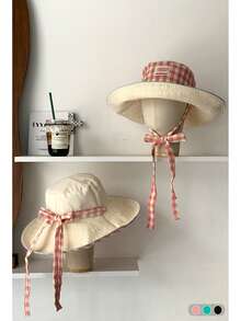 1pc Vacation Wide Brim Sun Protection Sun Hat For Women, Fashion Beach Casual Bowknot Colorful Plaid Foldable Bucket Hat, Bohemian Style - Bucket Hat With Tie - View 15