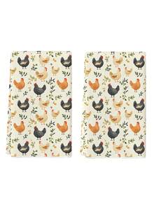 2pcs Chicken Pattern Kitchen Towels, Vintage Chicken Design Dish Cloths, Gift For Chicken Moms, Farmhouse Style Kitchen & Bathroom Decor, Birthday, Christmas, Housewarming Gift For Chicken Lovers - Beige - View 4