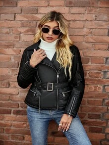 Risissida Women's Faux Leather Jacket For Autumn, Detachable Fur Collar, Motorcycle Style Jacket With Faux Fur Collar, Comes With Belt - Black - View 10