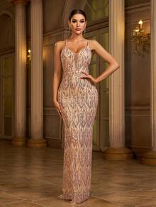 Missord Contrast Mesh Zip Back Sequin Prom Dress, Formal Evening Gown, For Wedding Guest, Graduation, Dinner, Party Dress