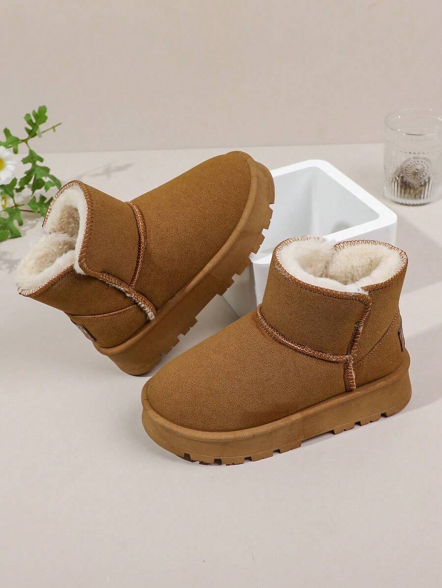 1 par de botas de neve de inverno, forro de pelúcia quente e espesso, sola grossa antiderrapante, botas curtas de bico redondo para e, adequadas para uso ao ar livre - Castanho - Ver 1