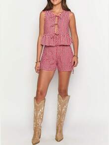 女式 2 件套休闲可爱波西米亚风度假系带荷叶边无袖上衣和松紧腰宽松短裤休闲套装，轻松穿着，适合日常穿着，夏季海滩旅行 - 紅格子 - 查看 11