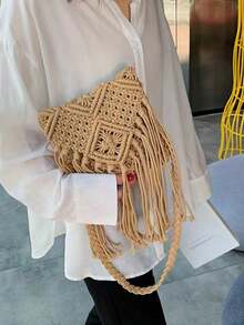 轻巧的半圆形流苏包，女士夏季斜挎包，休闲手提包，迷你简约草编包，母亲节礼物，适合妈妈，适合少女，女大学生，非常适合大学、户外、旅行、郊游、搭配