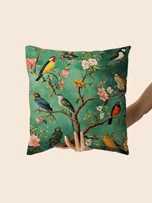 1 buah Sarung Bantal Beludru Lembut Motif Burung Hijau Gaya Cina - Ukuran 17,7*17,7 Inci, Cetak Satu Sisi, Penutup Resleting - Cocok untuk Sofa dan Dekorasi Rumah - Tanpa Bordir - Hijau - View 5