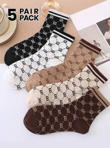 5 Pairs Women's Striped Letter Pattern Socks, Multi-Color, Elegant Retro Style Fashionable Versatile Sports Socks, Spring/Summer