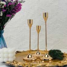 3pcs/Set Brass Gold Taper Candlesticks, Vintage Candle Holders, Metal Candle Stands For Home Decor, Dining Table & Fireplace Centerpiece, Perfect For Christmas, Thanksgiving (Candles Not Included)