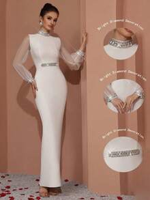 Vestido de fiesta ajustado de organza transparente con mangas de cristal 3D y abalorios blancos para mujer FEELAIR, ideal para citas, fiestas de solteros, reuniones, bailes, graduaciones, ocasiones formales, recepciones de cóctel, bodas, vestido de noche, invitada de boda - Blanco - Ver 2