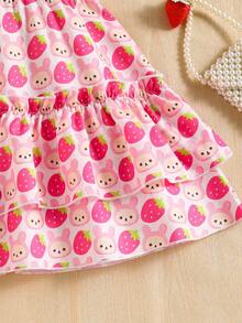 Young Girl' Cartoon Rabbit & Strawberry Print Dress, Casual Adorable Frill Trim And Sleeves Cake Dress - White - View 5