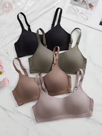 4pcs Women's Comfortable Sleeping Casual Striped Wireless Soft Cup Solid Color Bras