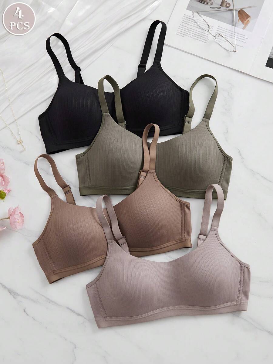4pcs Women's Comfortable Sleeping Casual Striped Wireless Soft Cup Solid Color Bras - Multicolor - View 1