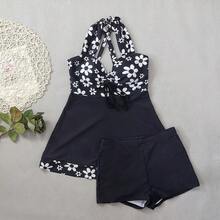 Conjunto De Traje De Baño Con Estampado Floral,Falda Con Abertura Y Cordón Cruzado Para Mujer,Traje De Baño Dos Piezas Estampado Para Mujer - Negro - Ver 3
