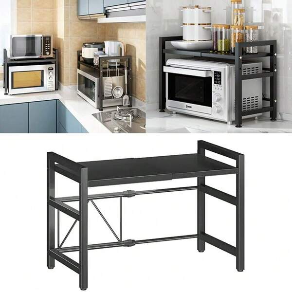 Expandable Kitchen Microwave Stand With 6 Hooks Designed For Efficient Utensil Organization, Adjustable Width Suitable For Most Microwave Ovens, Promoting Orderliness And Convenience In The Kitchen