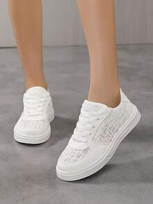Zapatillas deportivas de mujer de corte bajo informal, zapatos planos blancos de moda versátiles, zapatos de lona minimalistas ligeros y cómodos para el tiempo libre - Blanco - Ver 6