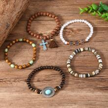 Set de 5 pulseras de mujer con estilo bohemio - Colgantes elegantes con cruz, flores y cuentas, accesorio de moda diario
