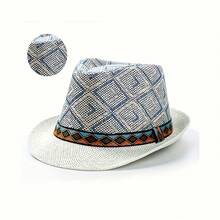 1pc Men's British Retro Jazz Hat - Lightweight Straw Fedora With Black Ribbon Band, Stylish Striped Pattern (Beige/Brown/White), Perfect For Daily Wear, Parties & Sporting Events - Ideal Gift For Men, Evening Headpiece, Woven Fabric Construction - Navy Blue - View 2