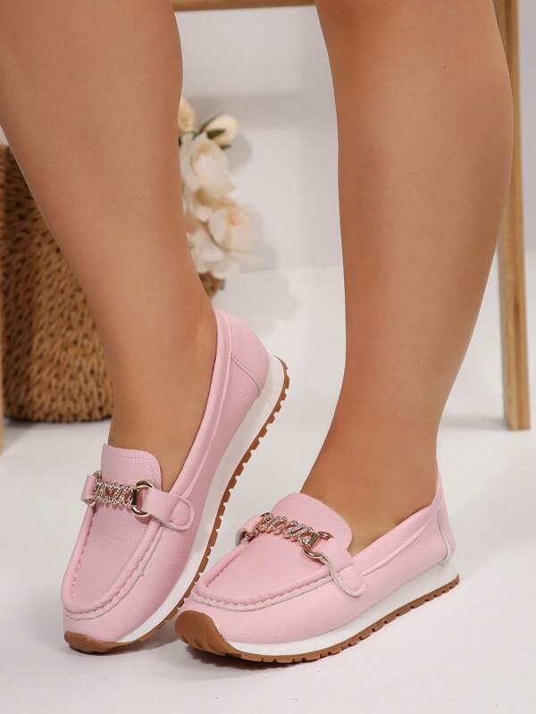 Wide Fit Women Lychee Embossed Metallic Chain Decor Round Toe Soft Bottom Sneakers, Outdoor Sports Style Suitable For Sports And Daily Driving, All Season, Pink Casual Flat Sports Shoes