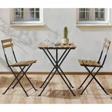Set con 3 muebles de mesa y 2 sillas, para jardín, exterior, plegable, de metal y madera, para terraza en estilo retro, estructura de acero, tipo bistró, patas antideslizantes, para balcones y terrazas pequeños