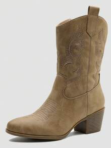 GLOBALWIN Women's Mid Calf The Western Cowgirl Boots Fashion Cowboy Boots For Women Chunky Low Heel Fall Boots Halloween Season - 卡其色 - 查看 4