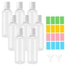8 pièces Bouteille ronde à épaule transparente avec couvercle à rabat, bouteille vide pour échantillon cosmétique, dispensateur, bouteille de voyage, contenants de voyage de petite taille étanches avec entonnoirs et étiquettes pour articles de toilette, shampooing, lotions, revitalisants, cosmétiques de voyage, à la maison et en voyage