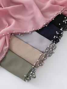 1pc Women Chiffon Ruffle Beaded Scarf, Versatile & Breathable Headscarf Suitable For Commuting For Dress - Multicolor - View 3