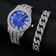 1pc Men's Quartz Stainless Steel Band Colorful Wrist Watch And 1pc Bracelet - Blue - View 1
