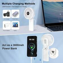 Small Portable Fan With Lanyard, 180° Free Adjustment, Foldable Handheld Fan With 6 Speeds, Small Pocket Fan With LED Display, Low Noise Fan With Power Bank For Outdoor Activities Such As Traveling, Shopping, And Hiking - 白色 - 查看 3