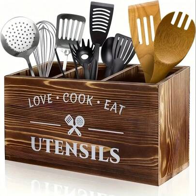 Brown Cutlery Rack, Kitchen Utensil Rack, Storage Rack With 3 Compartments, Kitchen Counter, Rural Farmhouse Wooden Cutlery Storage Box, Cooking Utensil Classification Storage Rack Suitable For Silverware Forks, Spoons And Spatulas