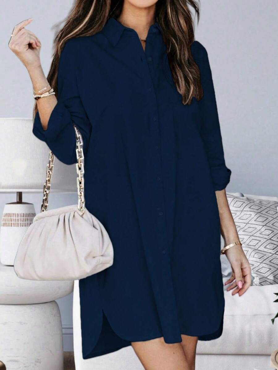 Women's Solid Color Single-Breasted Casual Loose High-Low Hem Pocket Commuter Versatile Shirt Dress Spring - Navy Blue - View 1
