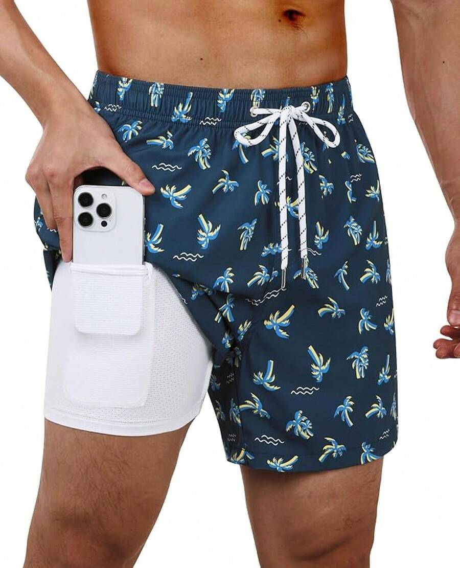 Bañador de hombre con forro de compresión, pantalón corto de baño de 5 pulgadas de entrepierna para hombres - Azul marino de palma - Ver 1