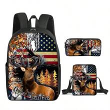 Animal Pattern Printed Backpack Three Pieces Set (Single-Layer Backpack + Shoulder Strap Lunch Bag + Single-Layer Pencil Bag)