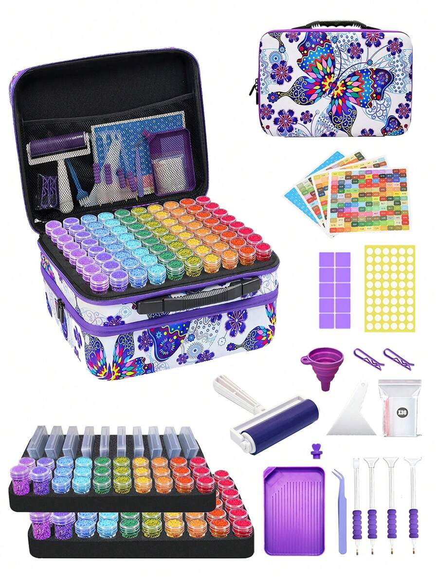 1 Set de equipo completo de pintura de diamante 5D y bolsa de almacenamiento, caja de almacenamiento de diamantes con diseño de mariposa, que incluye rodillo, caja de clasificación, juego de bolígrafos para puntos, pegatinas, etc. Hobby DIY, el mejor regalo para principiantes de manualidades - Multicolor - Ver 1